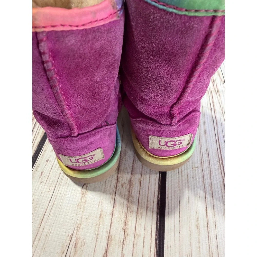UGG Australia Kids Classic Magenta Purple Rainbow Trim Suede Shearling Boots 13